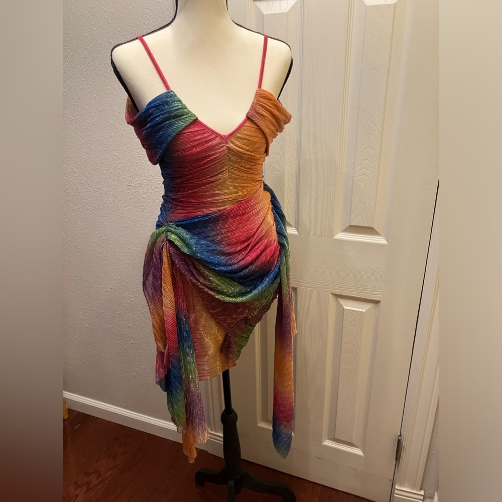 MIA VESPER Rainbow Ruched Off-the-Shoulder Mini Dress Fairy Core NWT